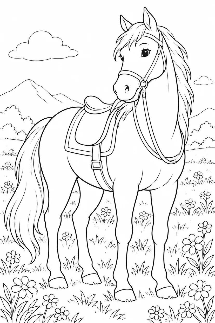 ほっこり西遊記：花畑の白馬の塗り絵
