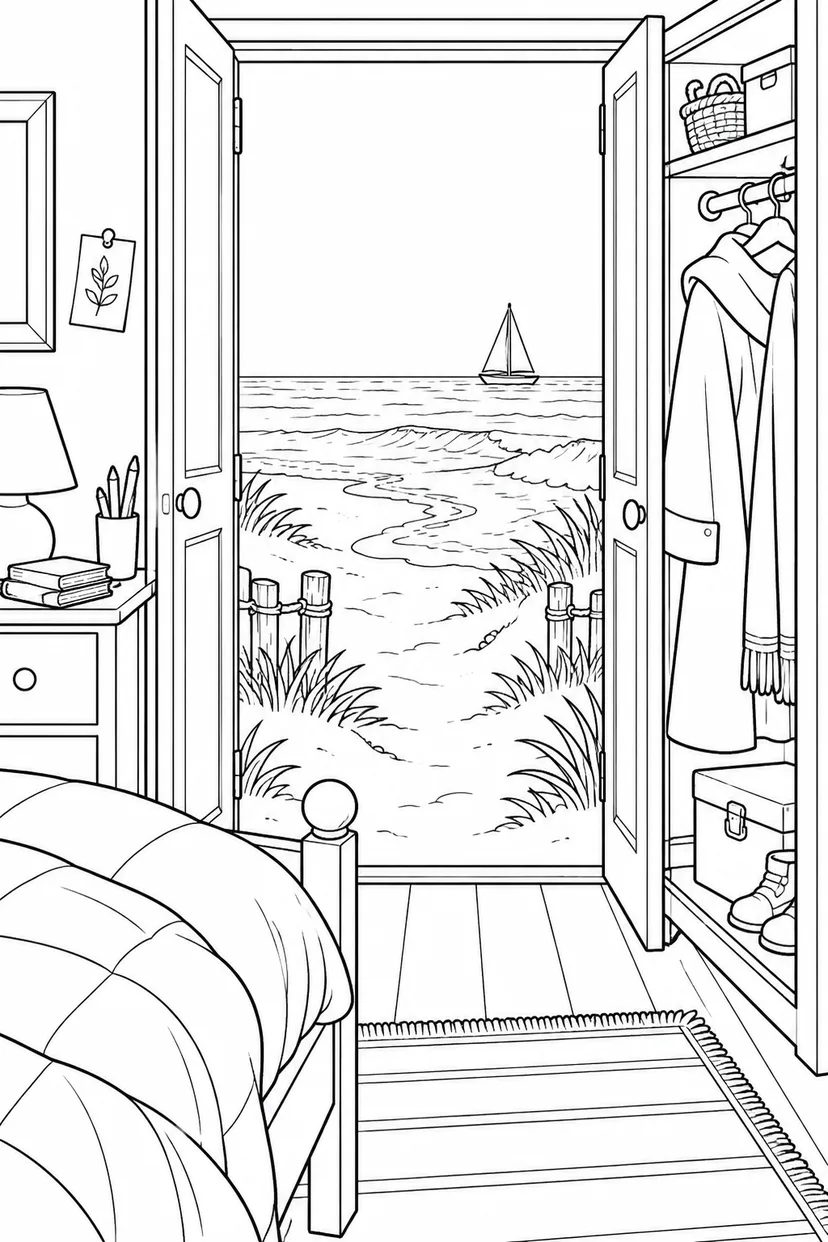 海に続くタンスの扉の塗り絵