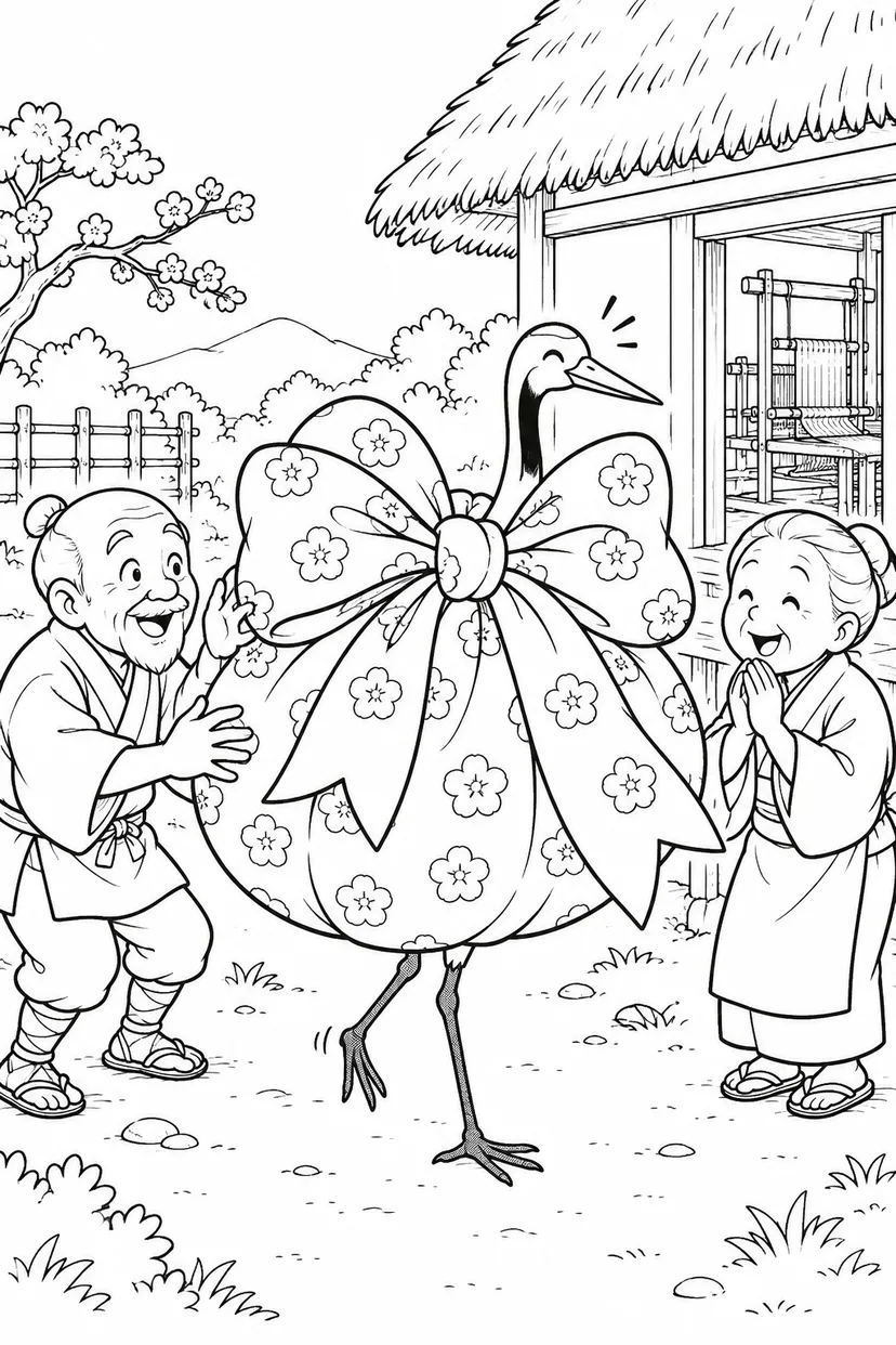 つるの恩返し：お礼の包みのリボンが大きすぎるの塗り絵