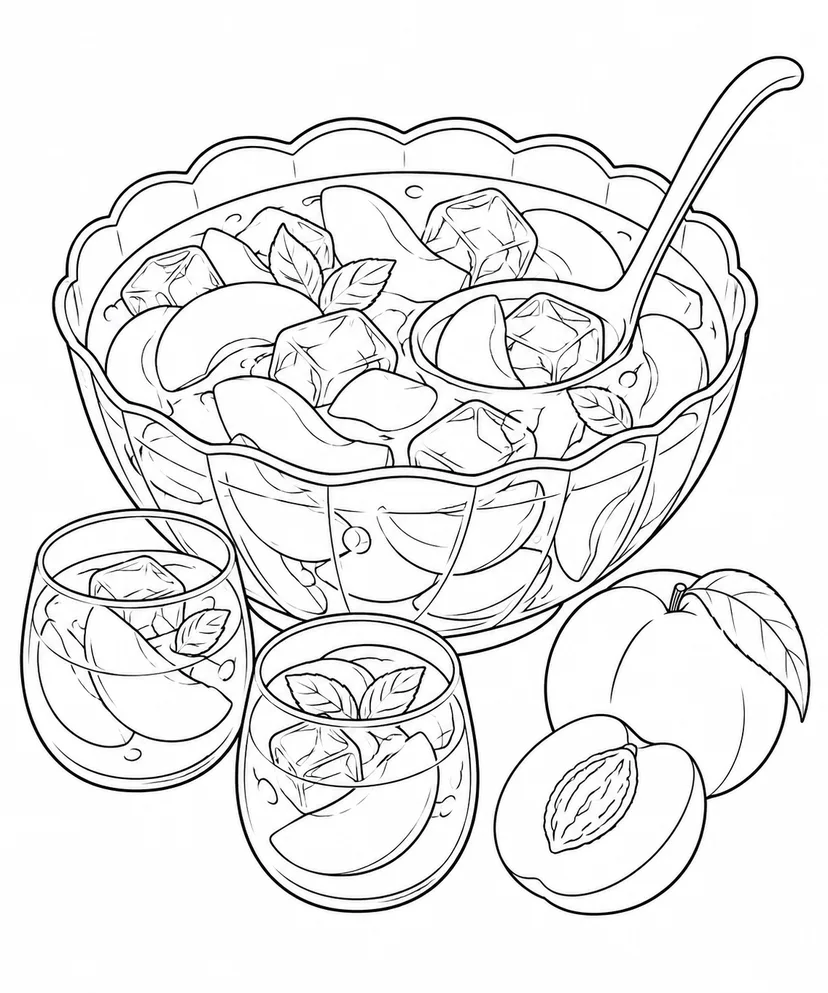 Desenho de Ponche de frutas com pêssego e gelo para colorir