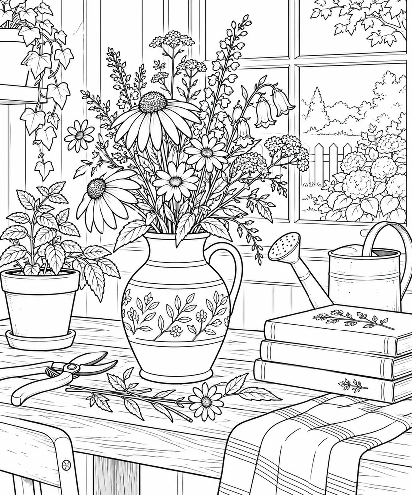 自然のひとこま：陶器の花瓶と草花の塗り絵