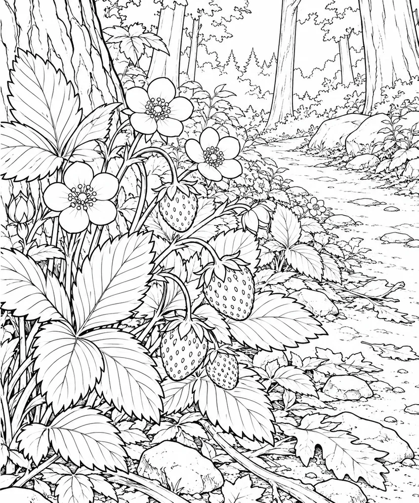 自然のひとこま：野いちごの花と実の塗り絵