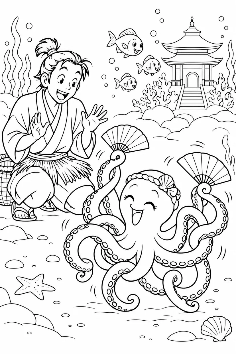 浦島太郎：からまるタコの扇子踊り（ギャグ）の塗り絵