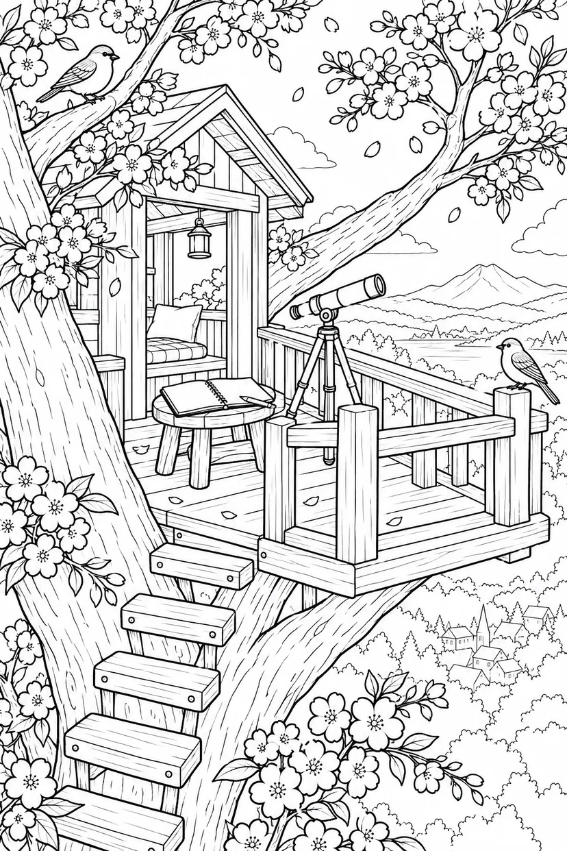春のツリーハウス探検の塗り絵