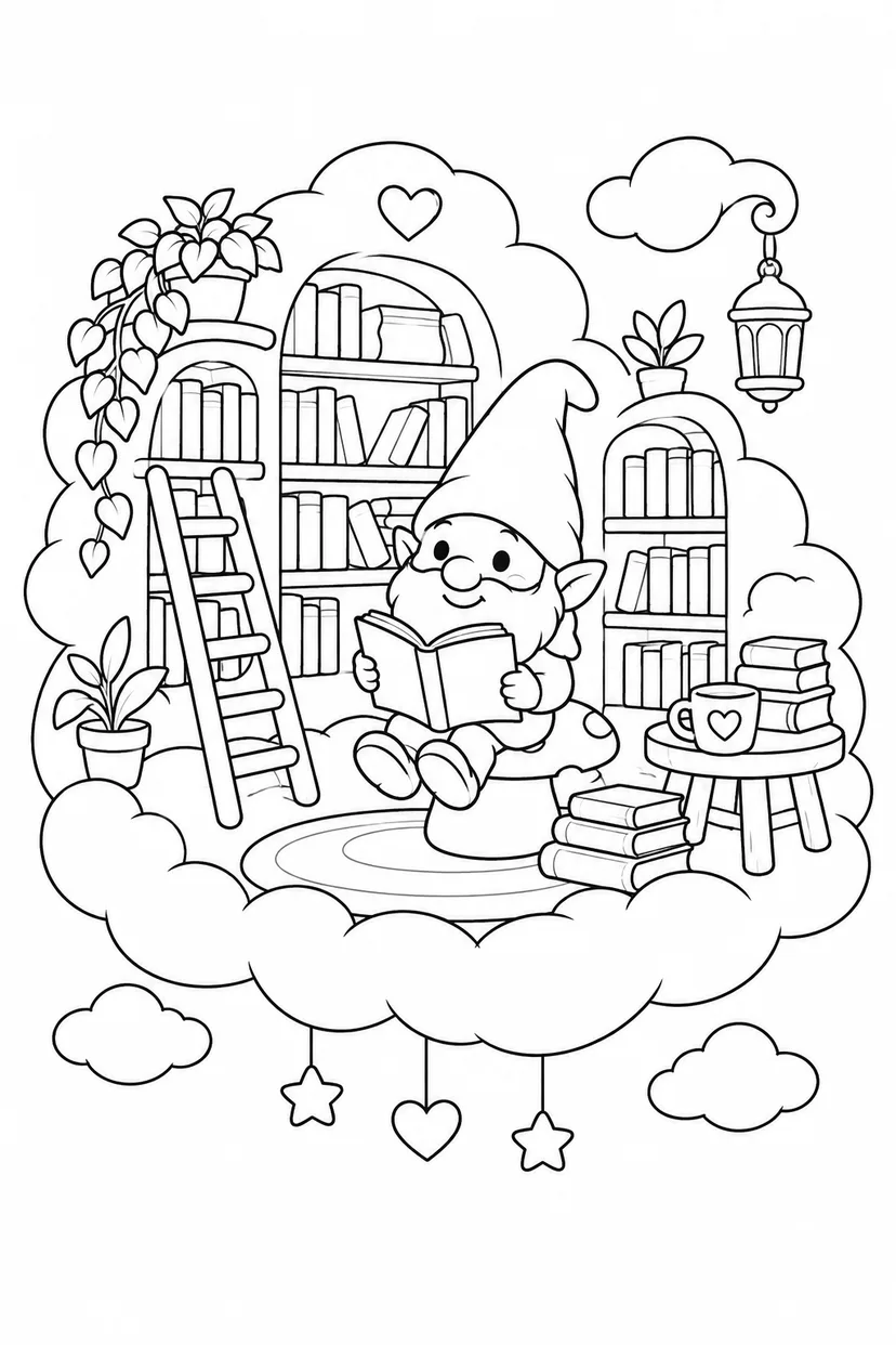 帽子の小人と雲の図書館の塗り絵