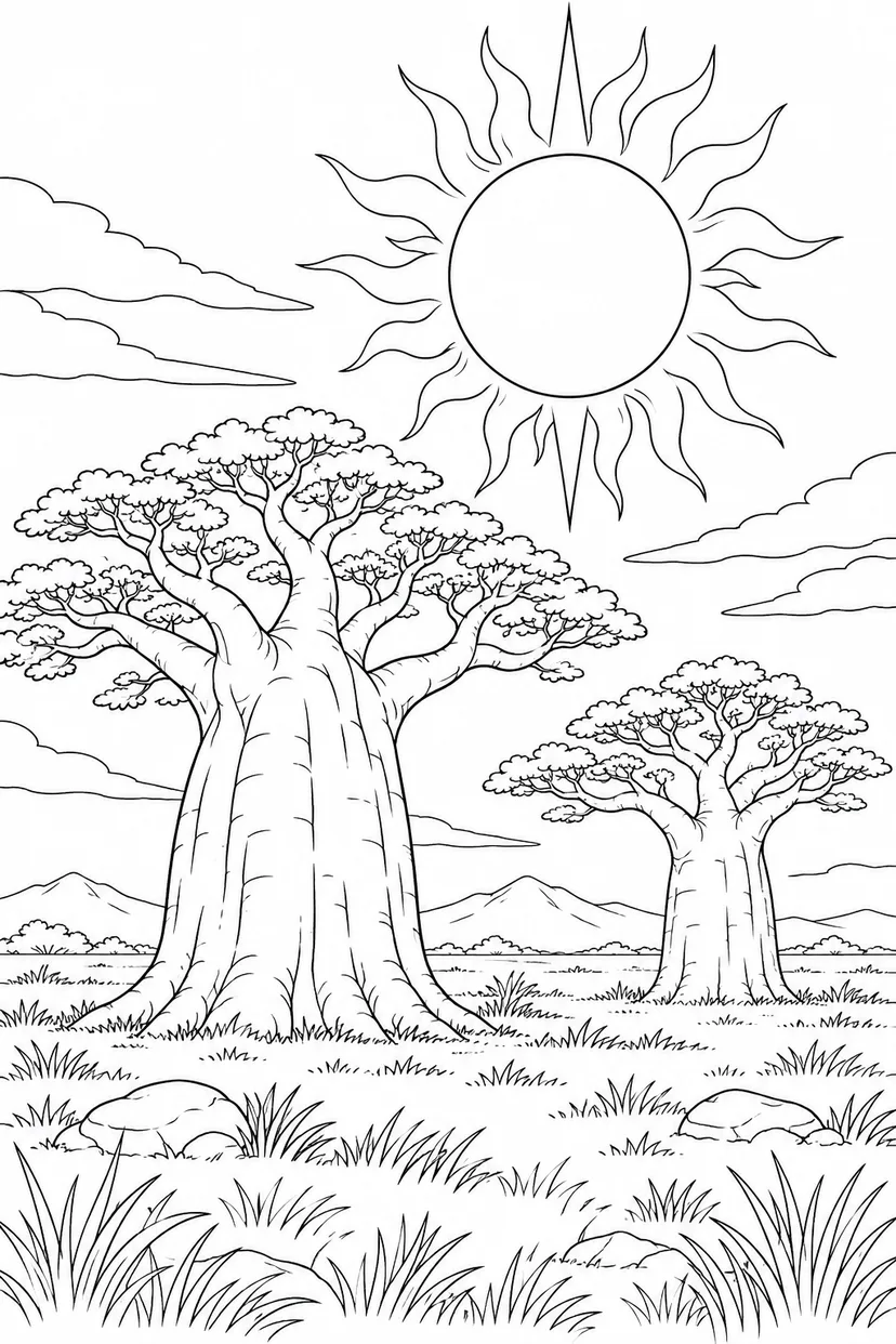バオバブの平原と日食の光の輪の塗り絵