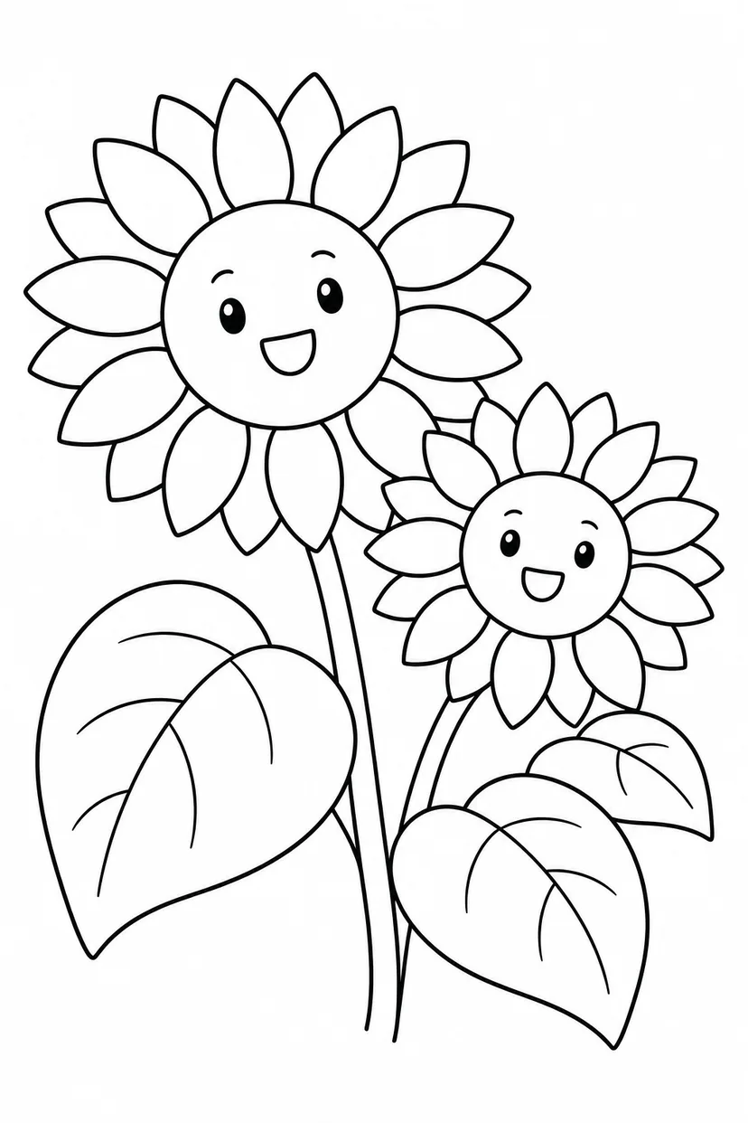 ひまわりと大きな葉の塗り絵