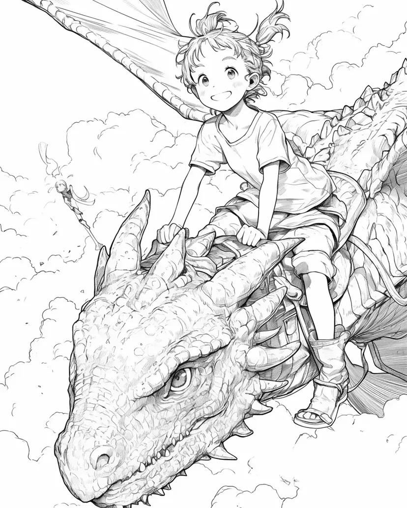 ドラゴンに乗る少女の塗り絵
