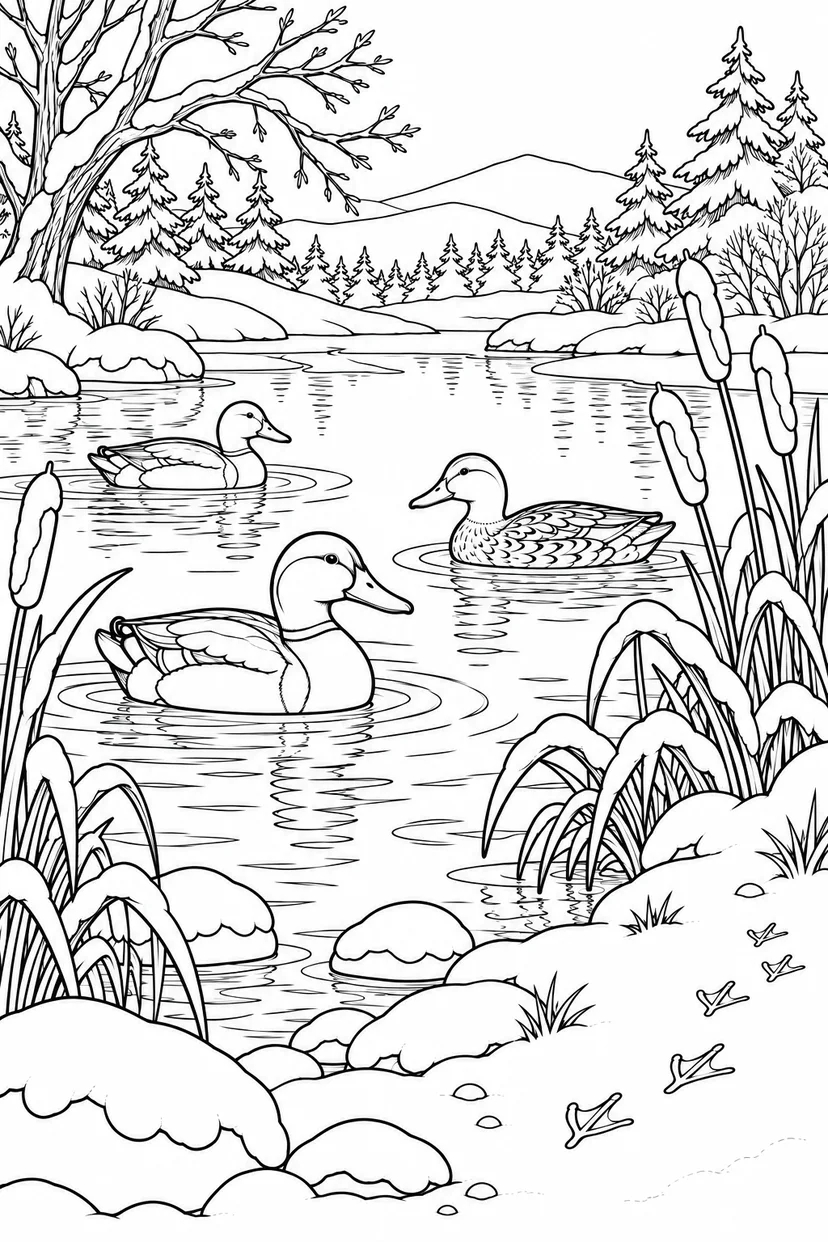 冬の池のほとりの生きものの塗り絵