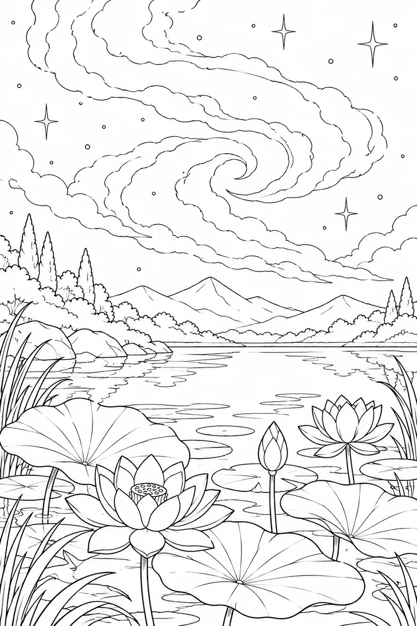 蓮の葉の池と星雲のゆらめきの塗り絵