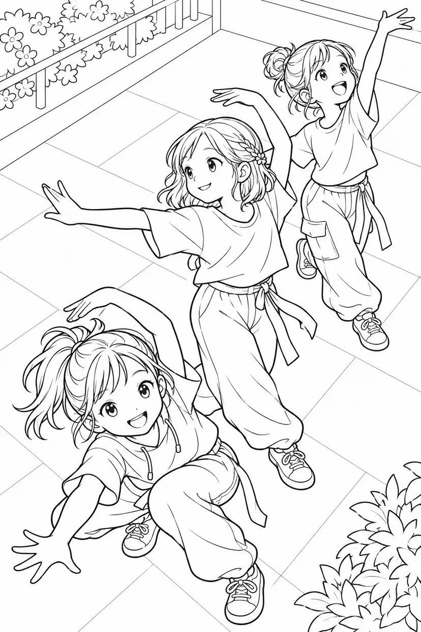 斜めにそろうダンスチームの塗り絵