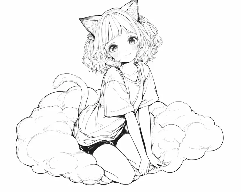 Dibujo de Chica Gato en una Nube para colorear