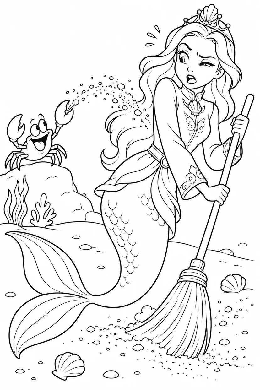 人魚姫：そうじの後ろで砂まきのカニの塗り絵