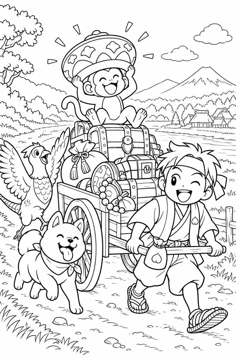 ギャグ桃太郎：桃太郎一行と宝の荷車の塗り絵