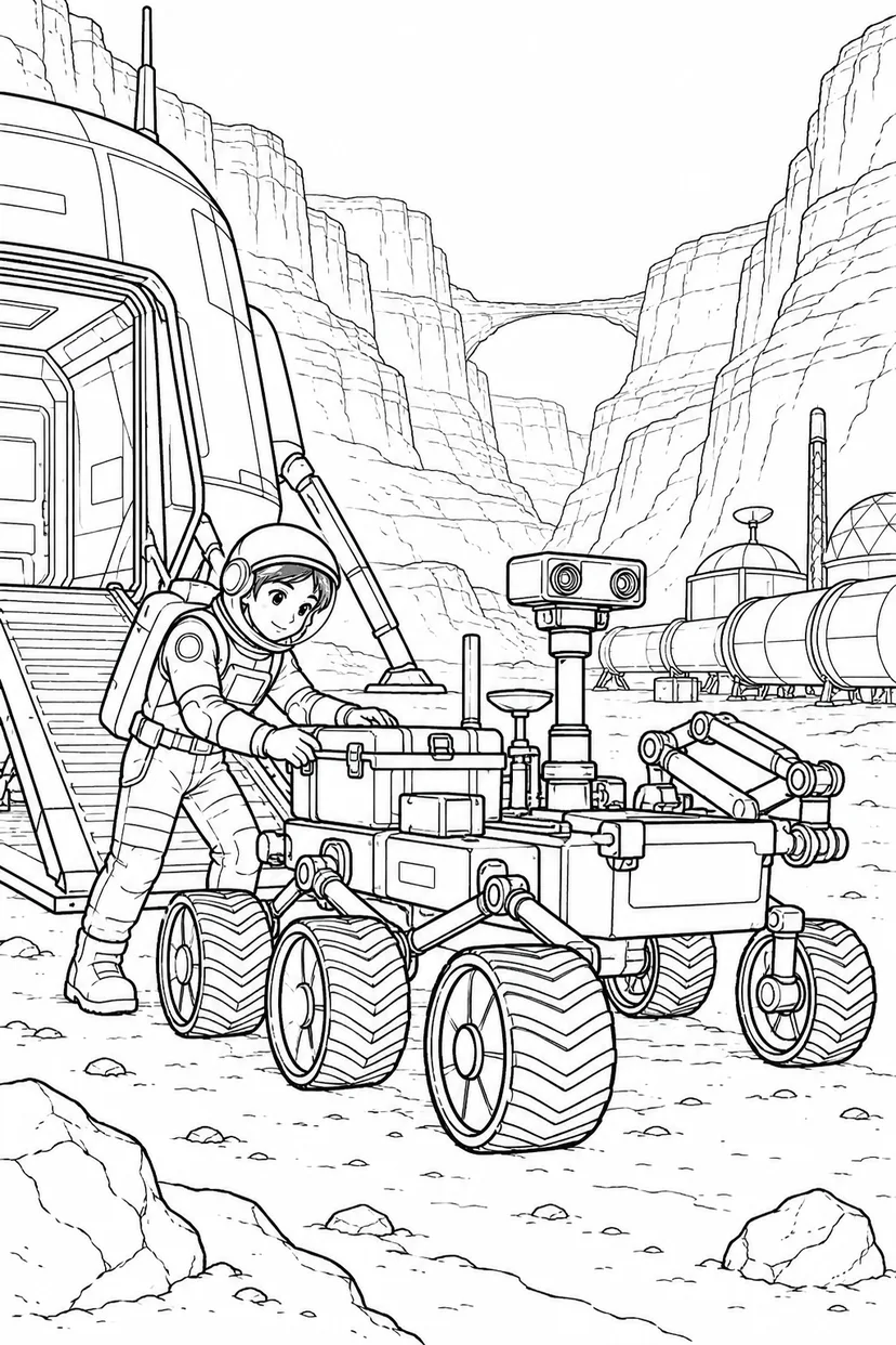 火星の峡谷基地：探査車の出発準備の塗り絵