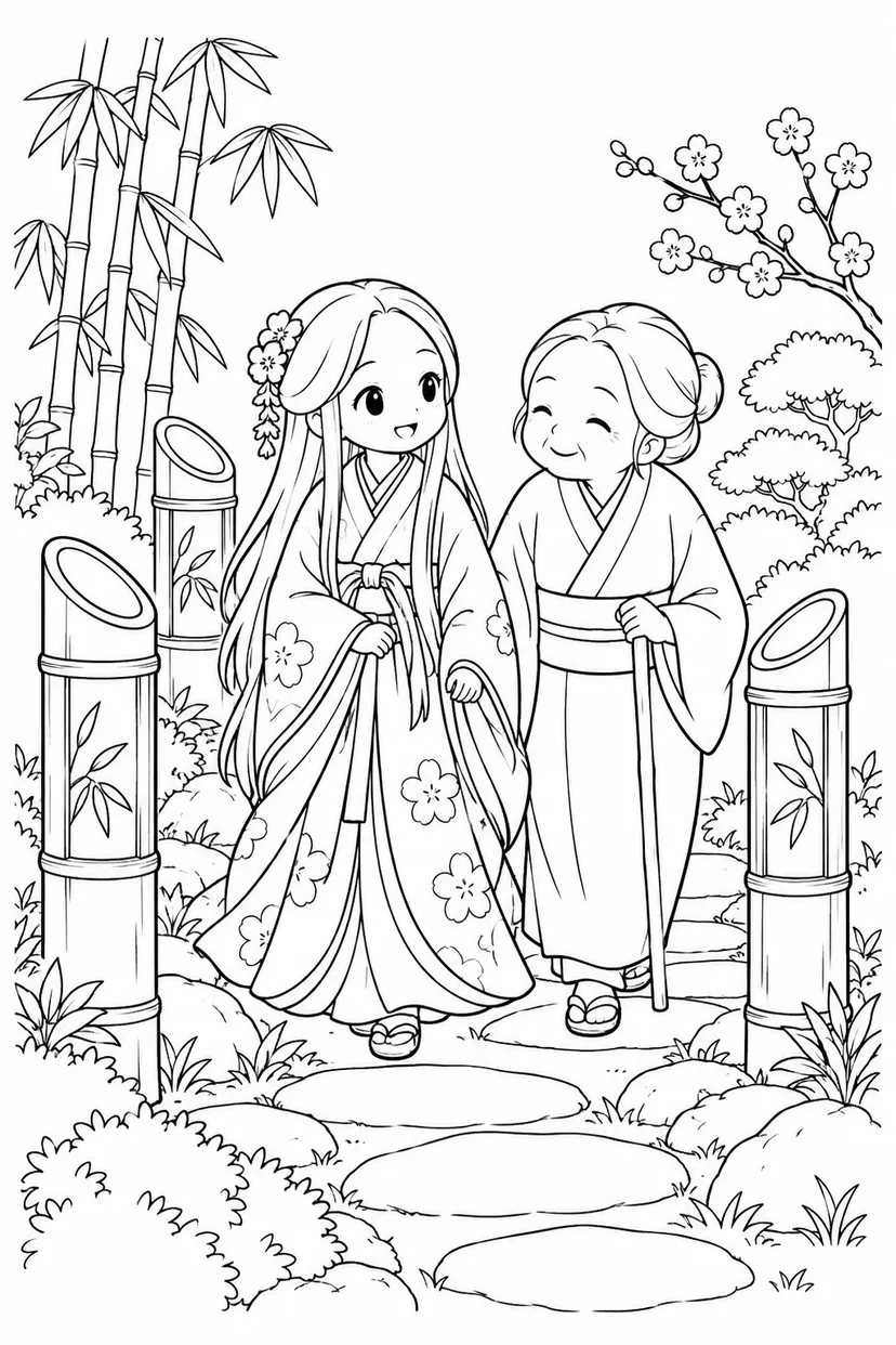かぐや姫と竹あかりの小道の塗り絵