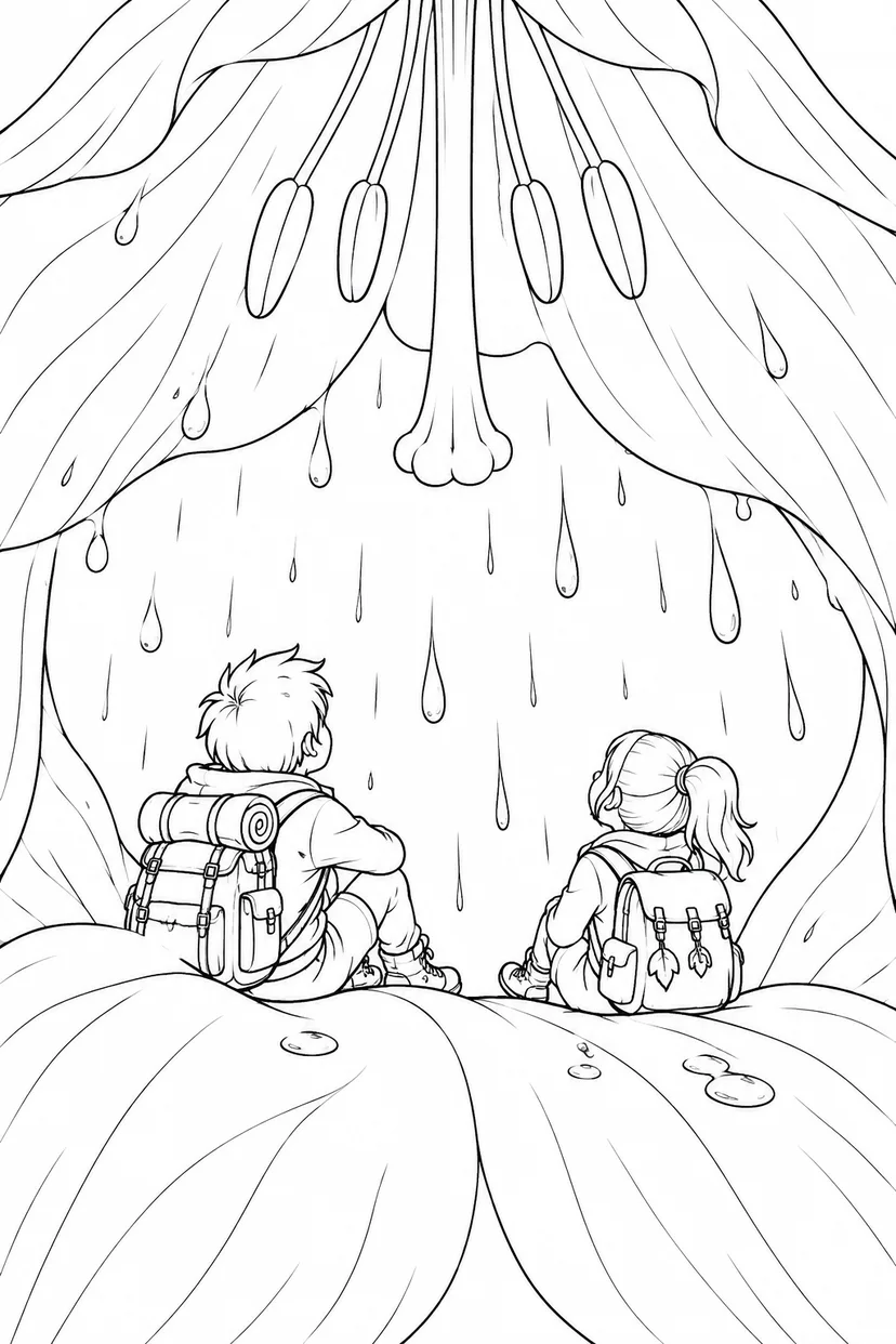 大きな花の中の雨宿りの塗り絵