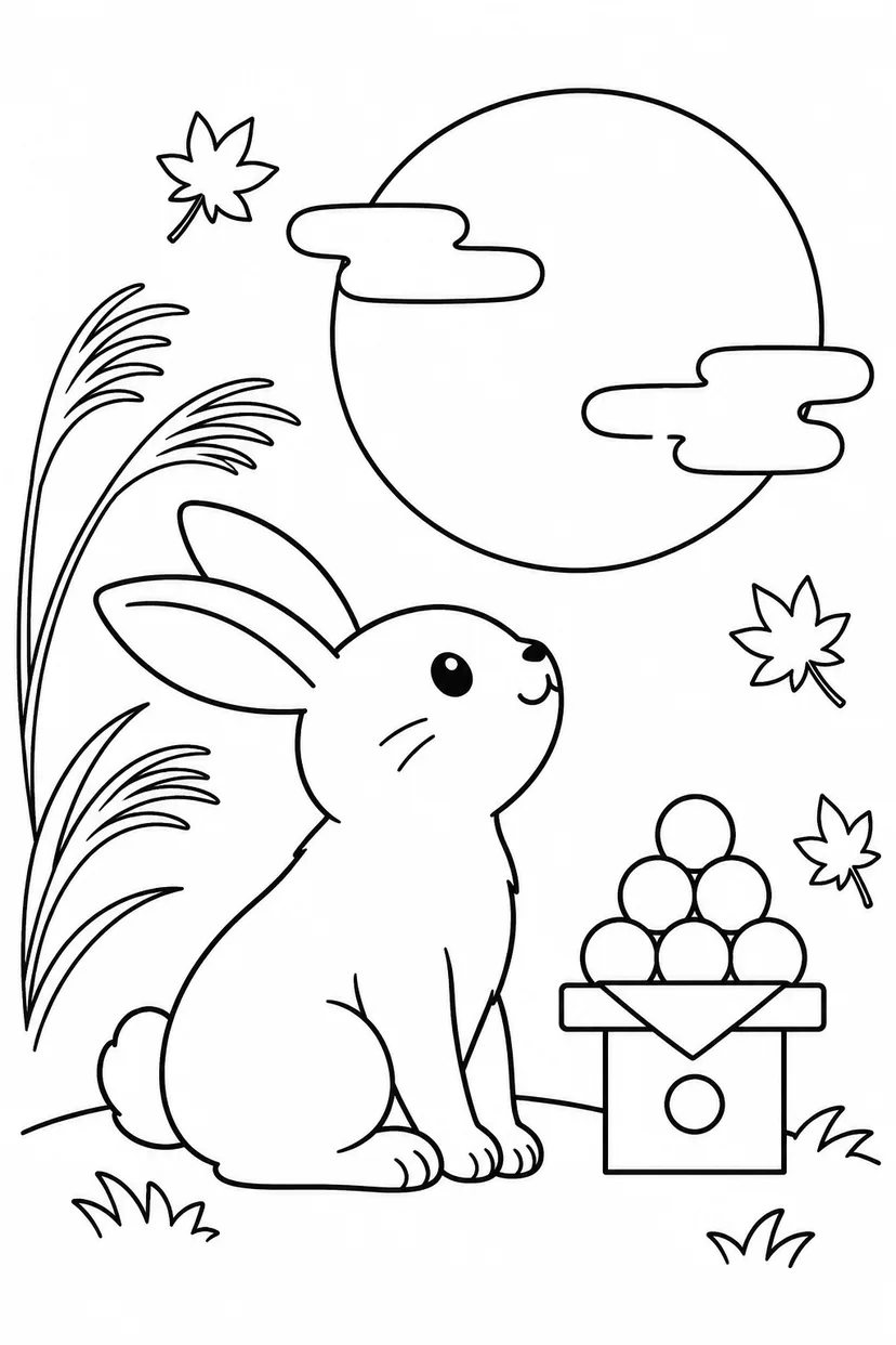お月見と月のうさぎの塗り絵