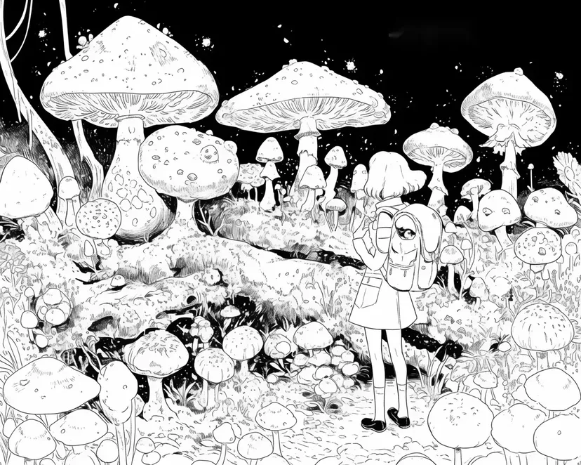 Dibujo de Bosque Fantasía con Hongos y una Niña para colorear