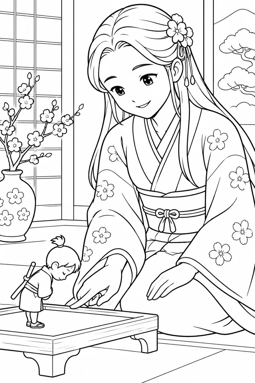一寸法師・姫さまの指先にごあいさつの塗り絵