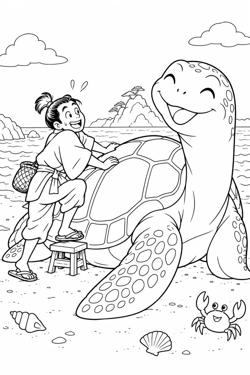 浦島太郎：大きすぎる亀と小さな踏み台（ギャグ）の塗り絵