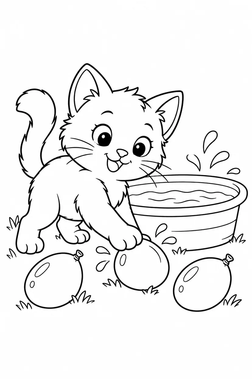 こねこの水ふうせんの塗り絵