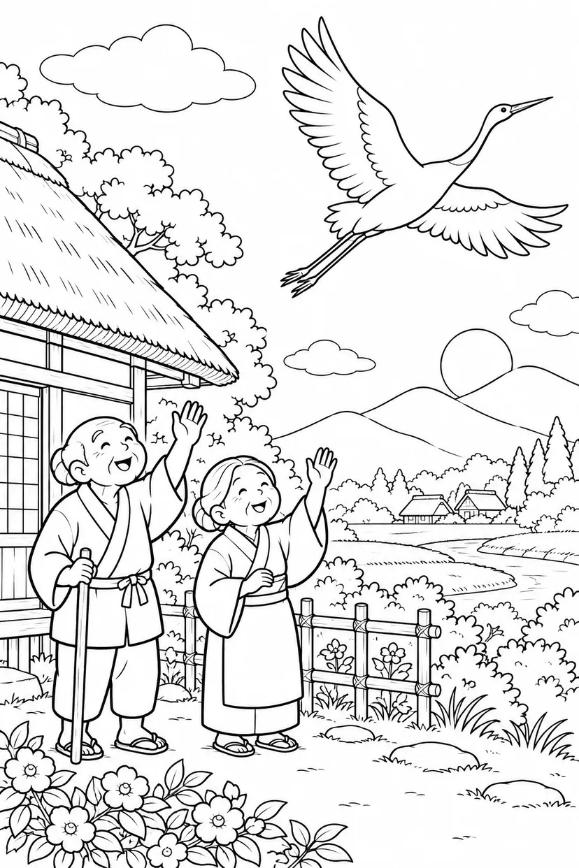 つるの恩返し：丘へ飛ぶつるに手をふるの塗り絵