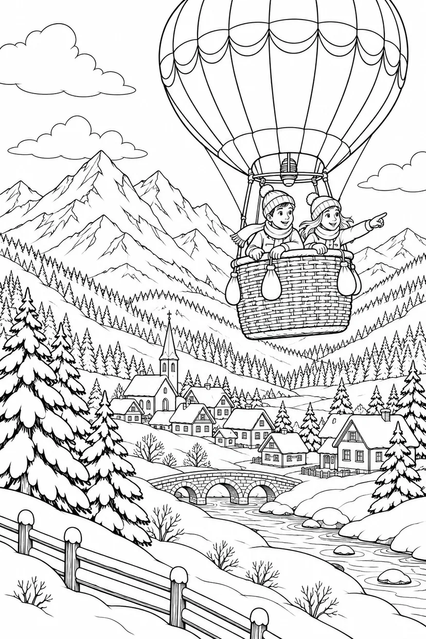 冬の気球で見つける景色の塗り絵