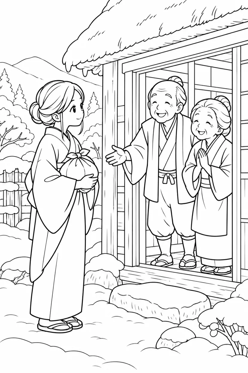 つるの恩返し：雪の家に来た娘の塗り絵
