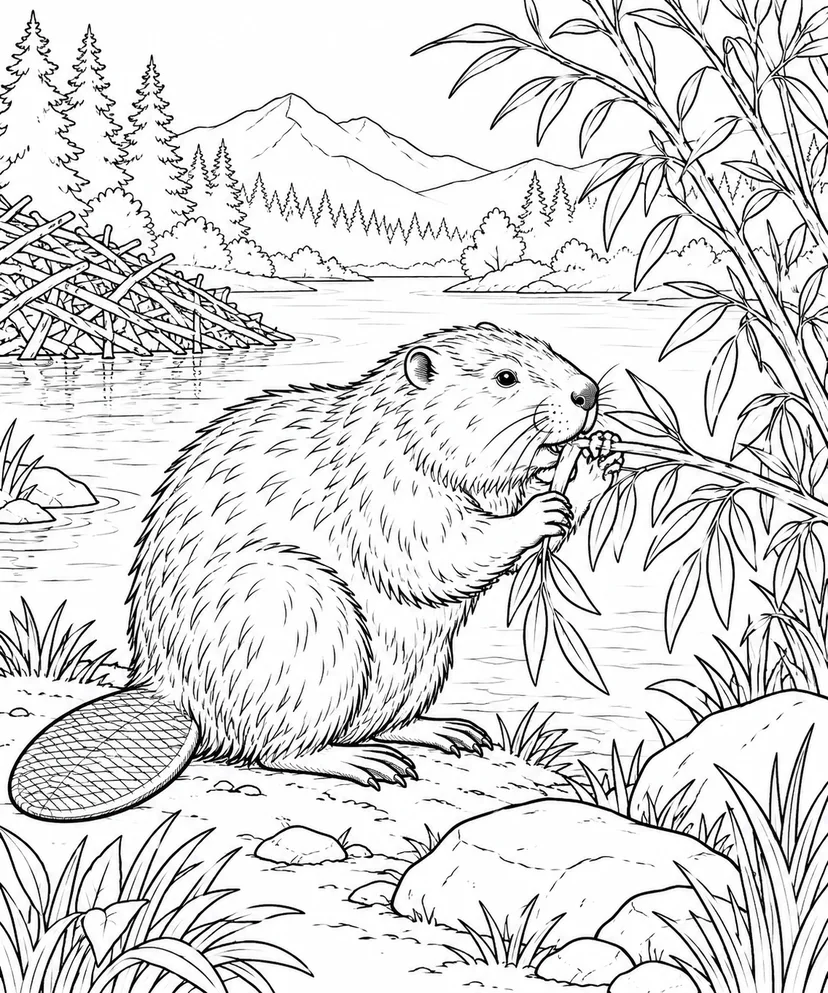 自然のひとこま：ビーバーと柳の枝の塗り絵