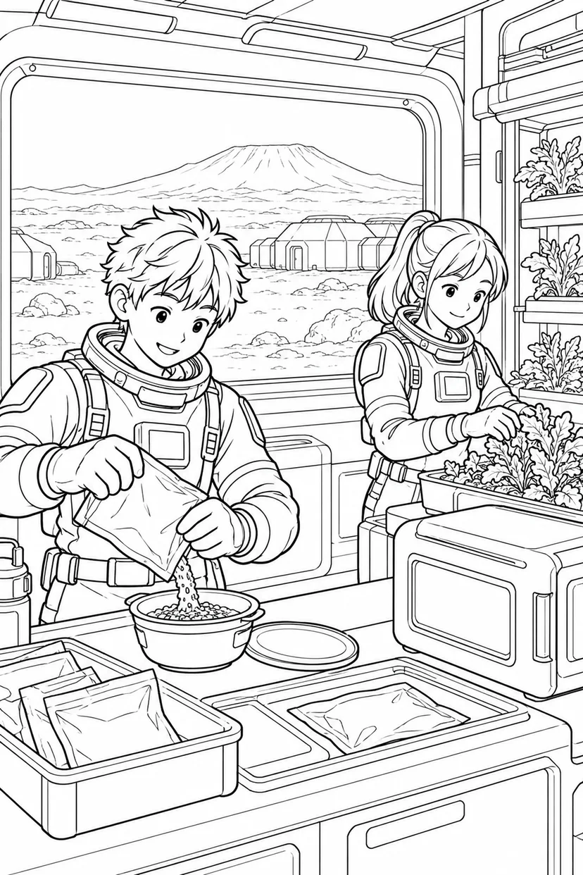 火星の火山平原基地：宇宙食を作るキッチンの塗り絵