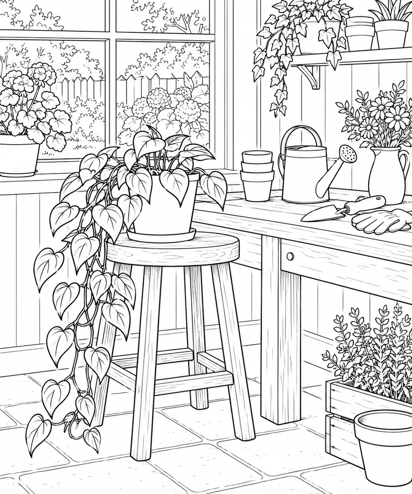 自然のひとこま：木のスツールとつる植物の塗り絵