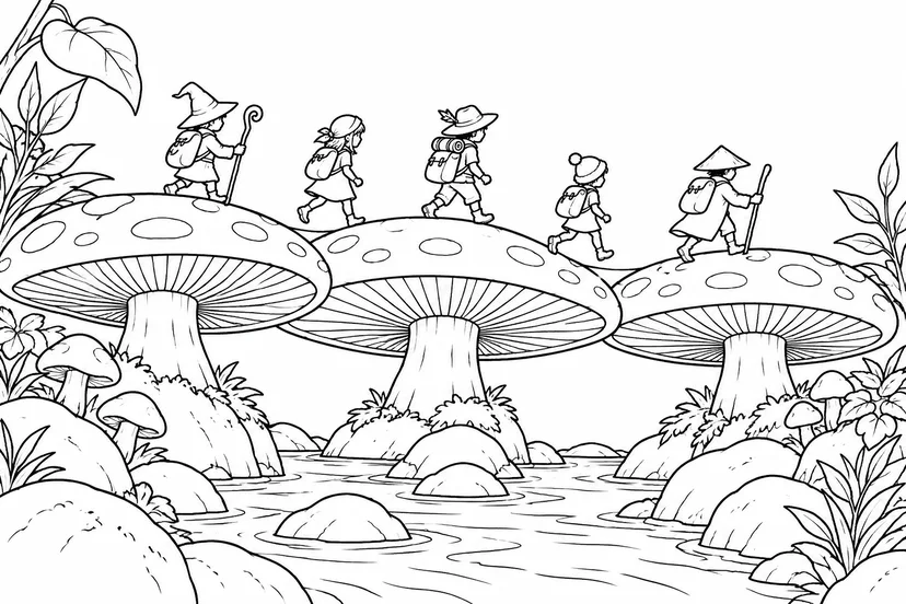 光るキノコの橋を渡る行列の塗り絵