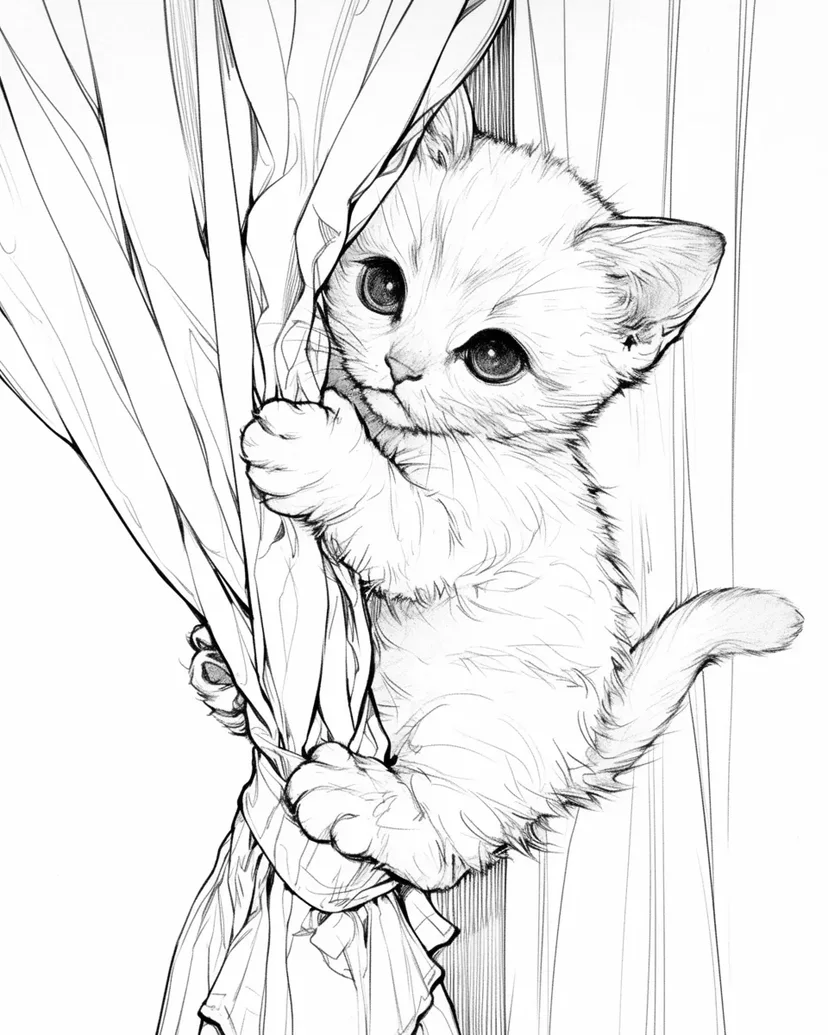 カーテンの後ろの小さな探検家の塗り絵