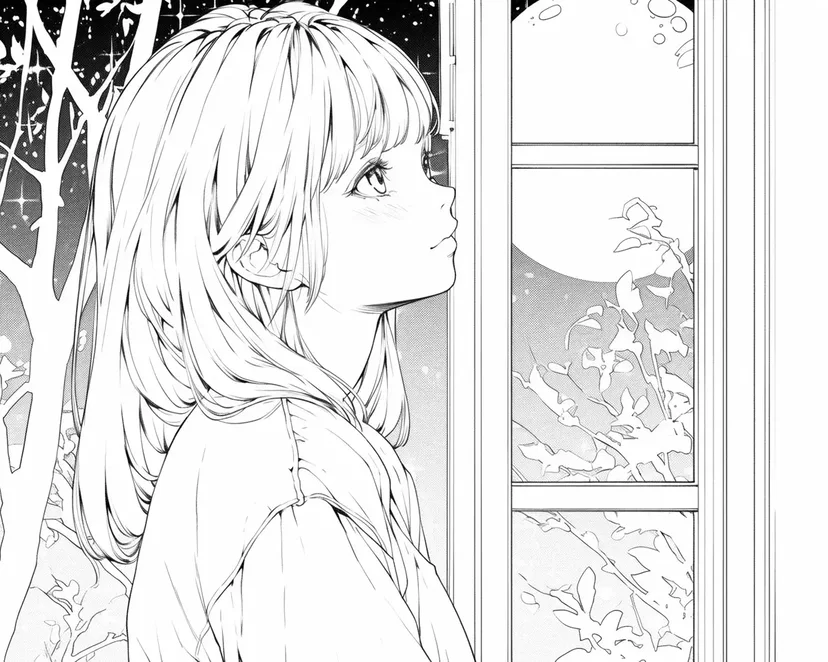 Girl Gazing at the Moonlit Night coloring page