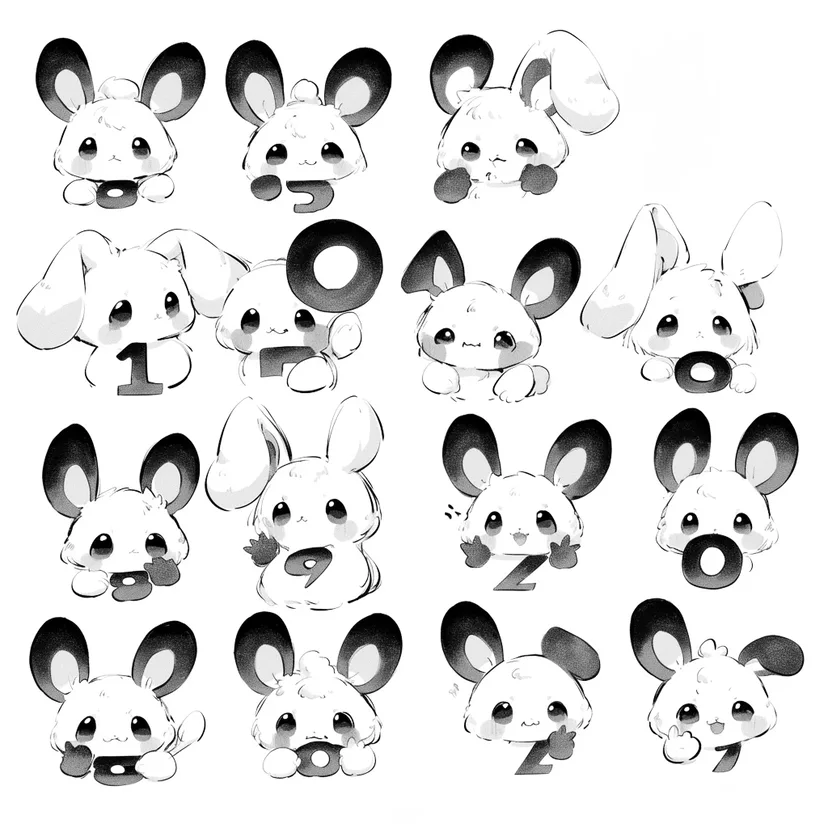 かわいいウサギの数字トレースシートの塗り絵