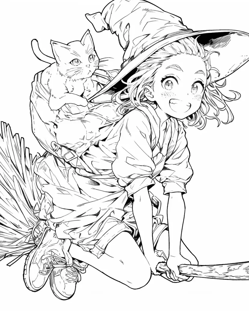 骑扫帚的女巫与猫涂色页