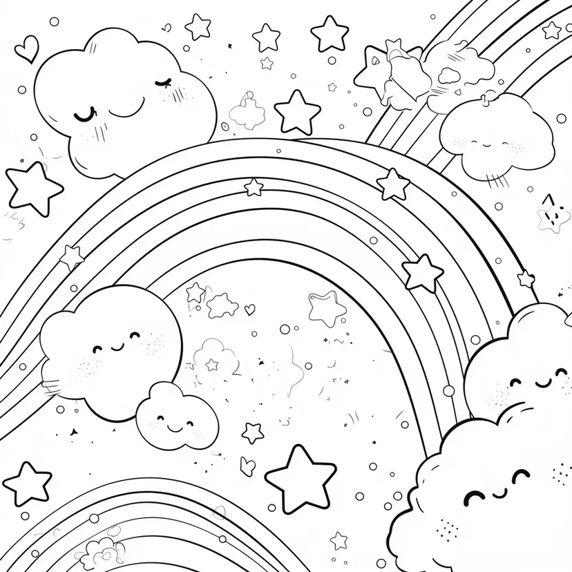Dibujo de Nubes Esponjosas con Arcoíris y Estrellas para colorear