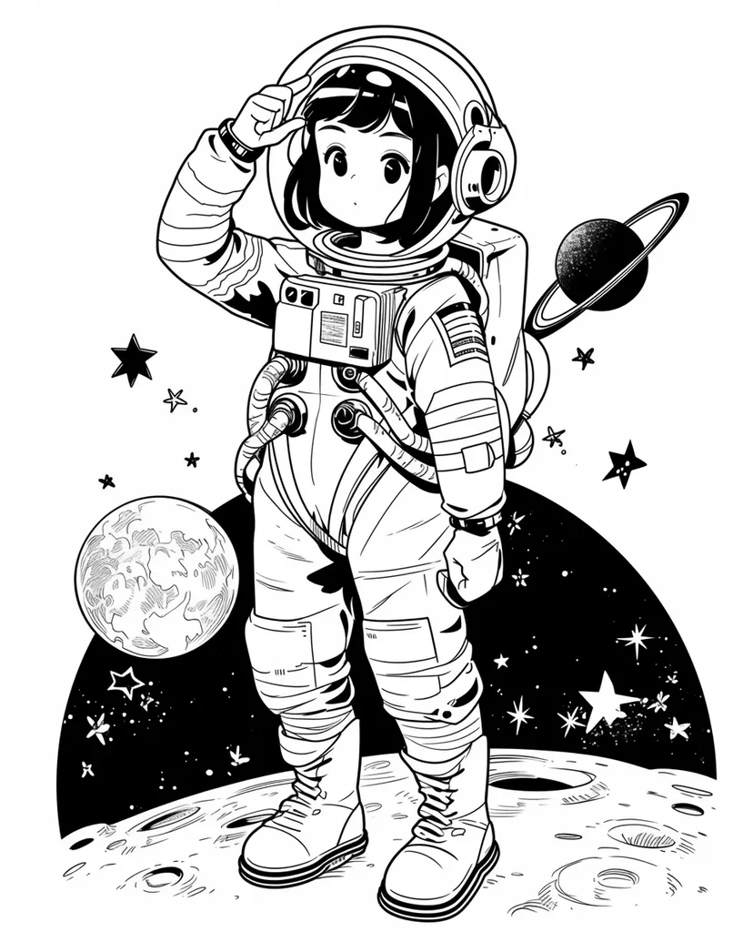 宇宙を見つめる少女の塗り絵
