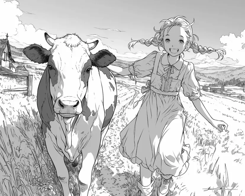 Farm Girl and Cow coloring page
