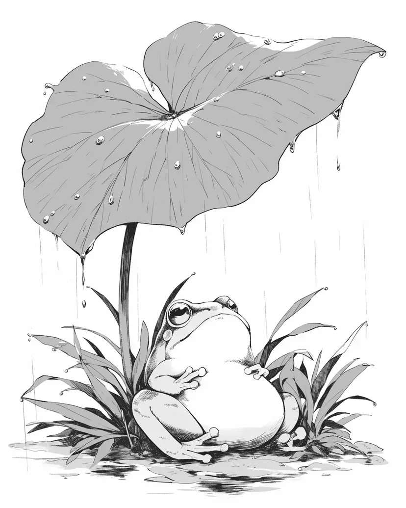 Dibujo de Rana Refugiándose de la Lluvia para colorear
