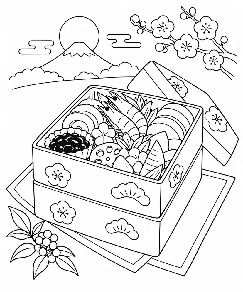 お正月のおせちの重箱の塗り絵