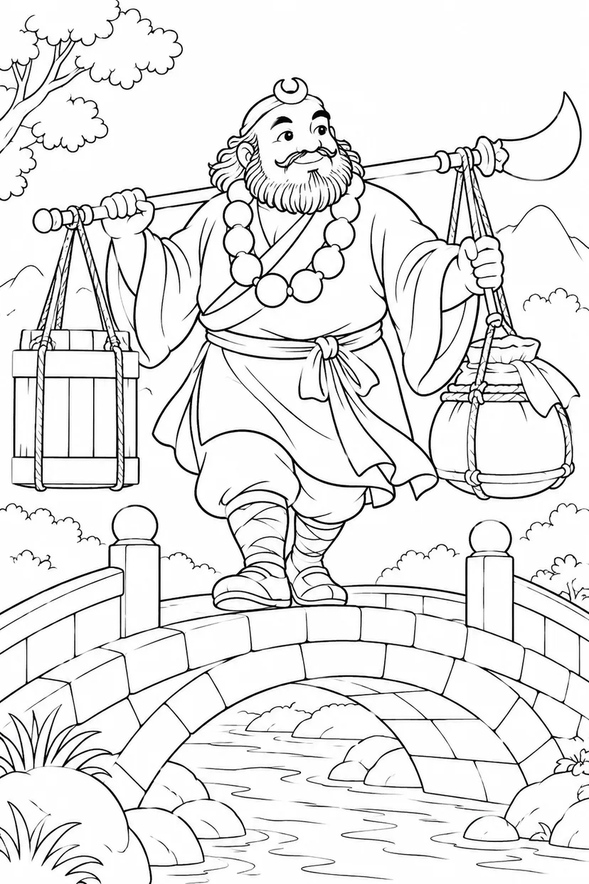 ほっこり西遊記：悟浄と石橋の塗り絵