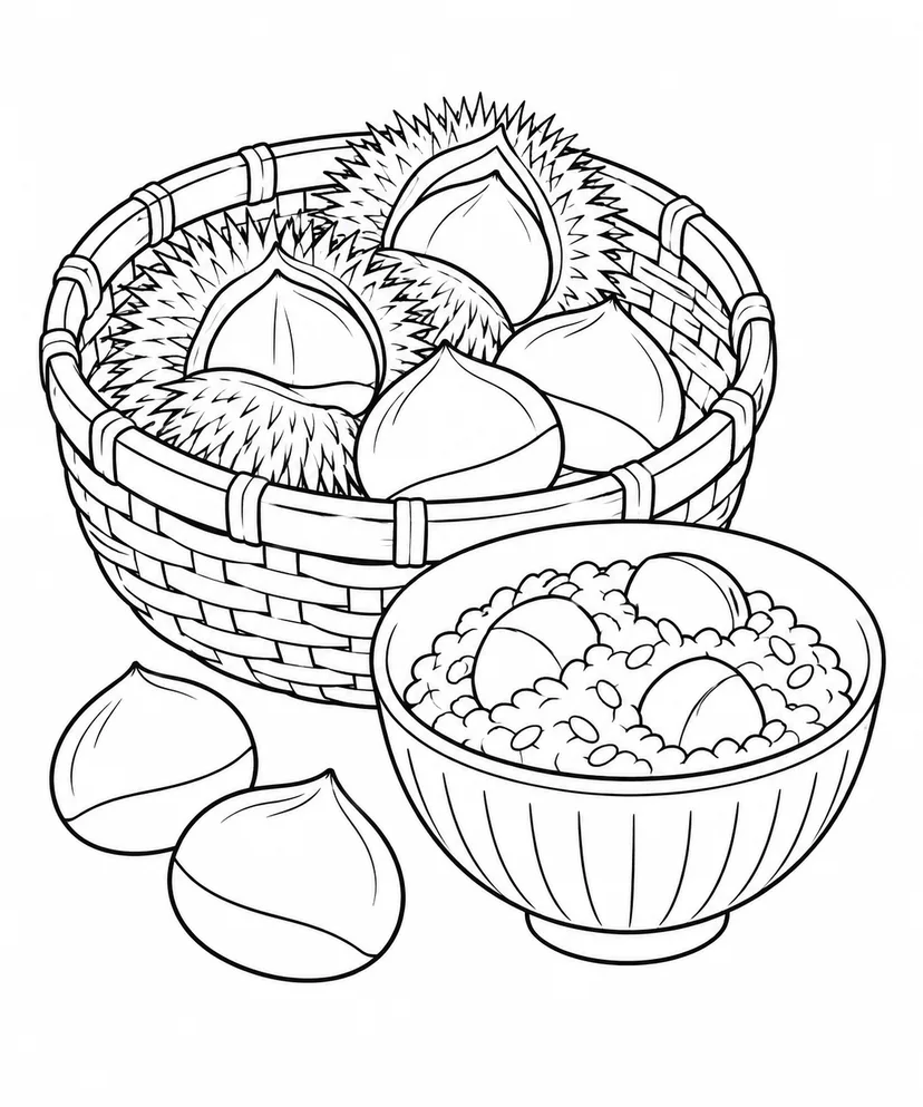 栗のかごと小さな栗ごはんの塗り絵