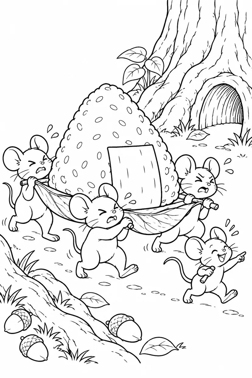 おむすびころりん・ギャグ：おむすびを運ぶねずみたちの塗り絵