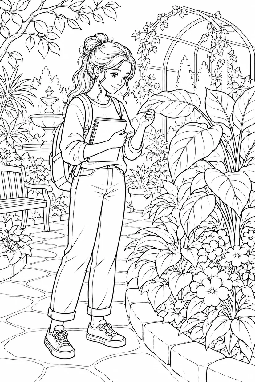植物園で葉を観察する学生の塗り絵