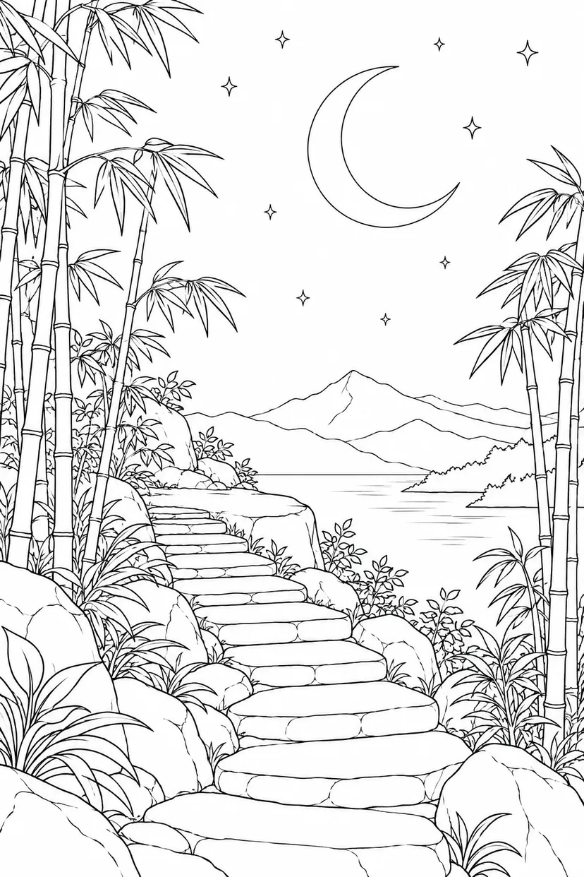 竹林の石段と三日月の塗り絵