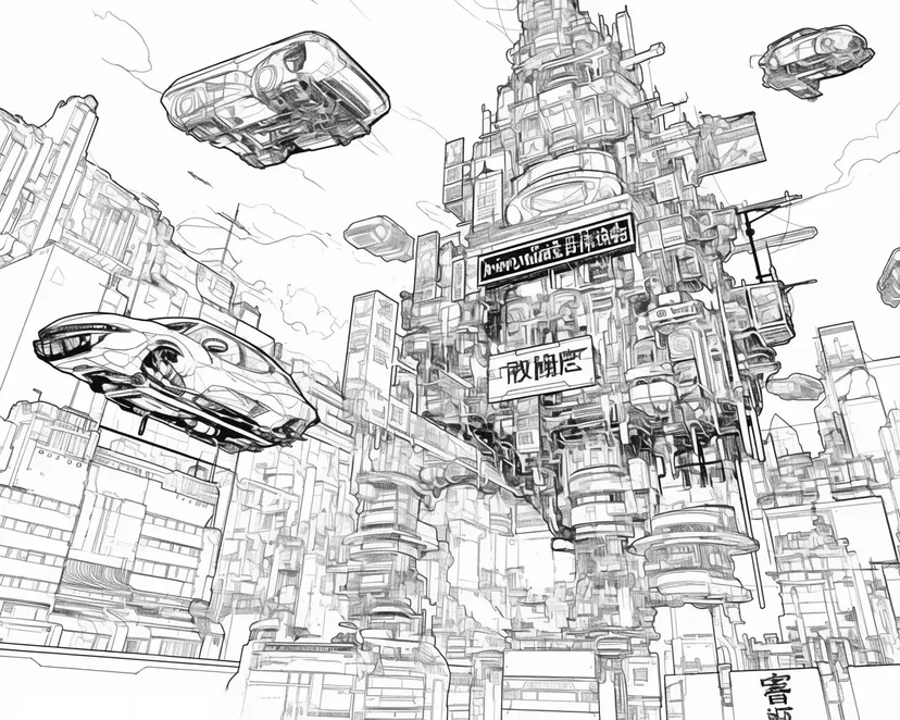 Dibujo de Coches Voladores en una Ciudad Futurista para colorear