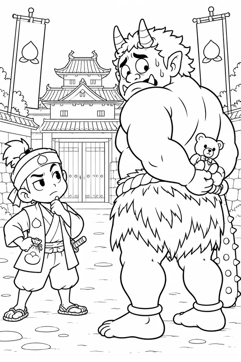 ギャグ桃太郎：桃太郎と鬼の大将の塗り絵