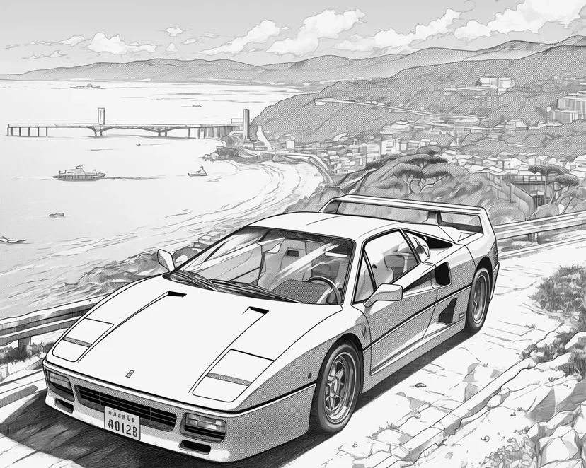海岸沿いのスポーツカーの塗り絵